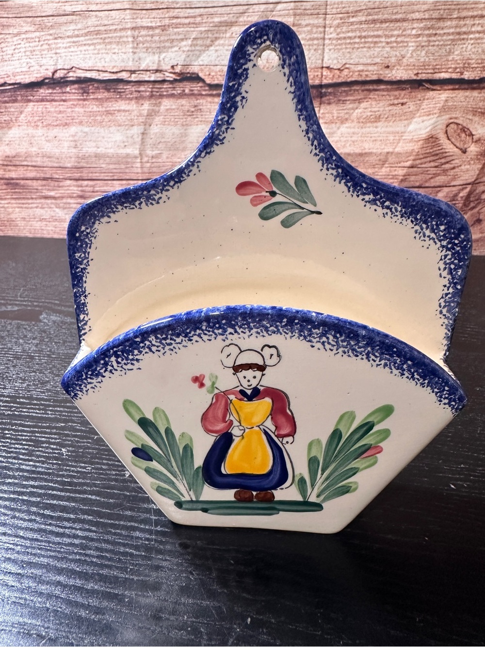 Vintage Bretagne Pornic France Quimper Style Wall Pocket Coffee Filter Holder
